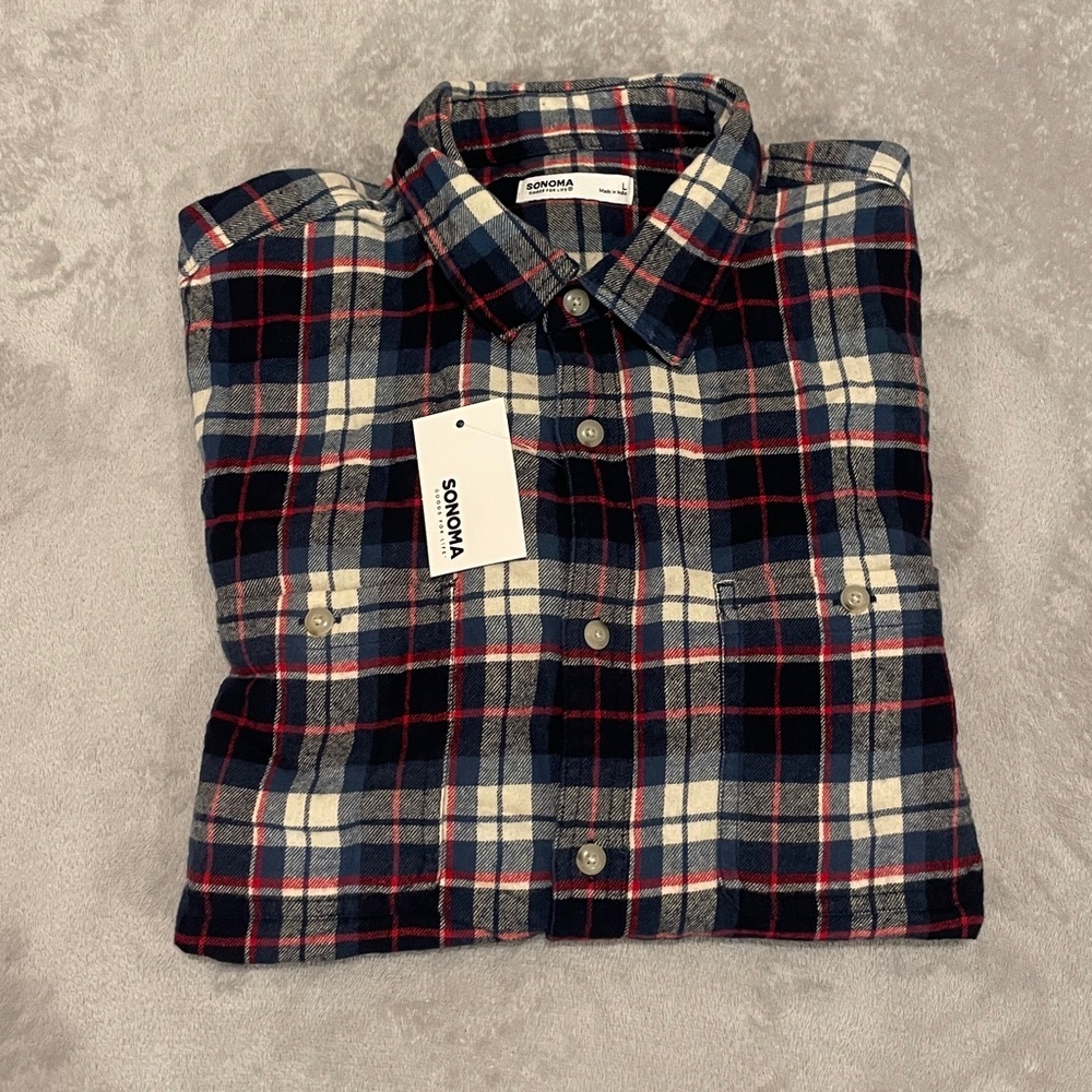 Men's Plaid Button-Down Shirt - Navy, Red, White